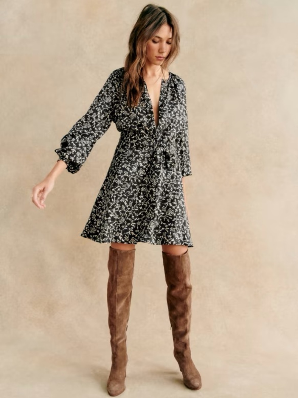 Sezane Merry Dress: Black with Cream Floral Print and Tie Neck